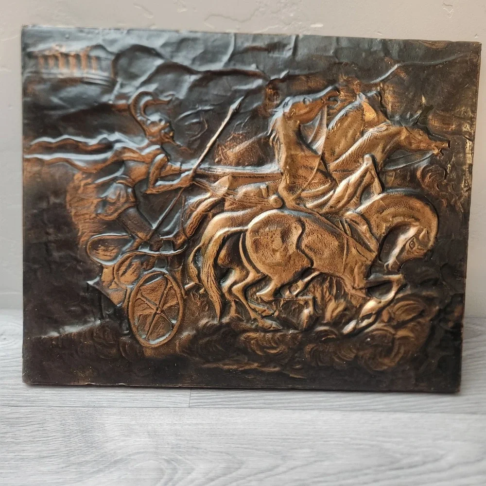 Vintage Cooper Greek Chariot Wall Art Plaque Relief Hand Hammered Mythology Mid